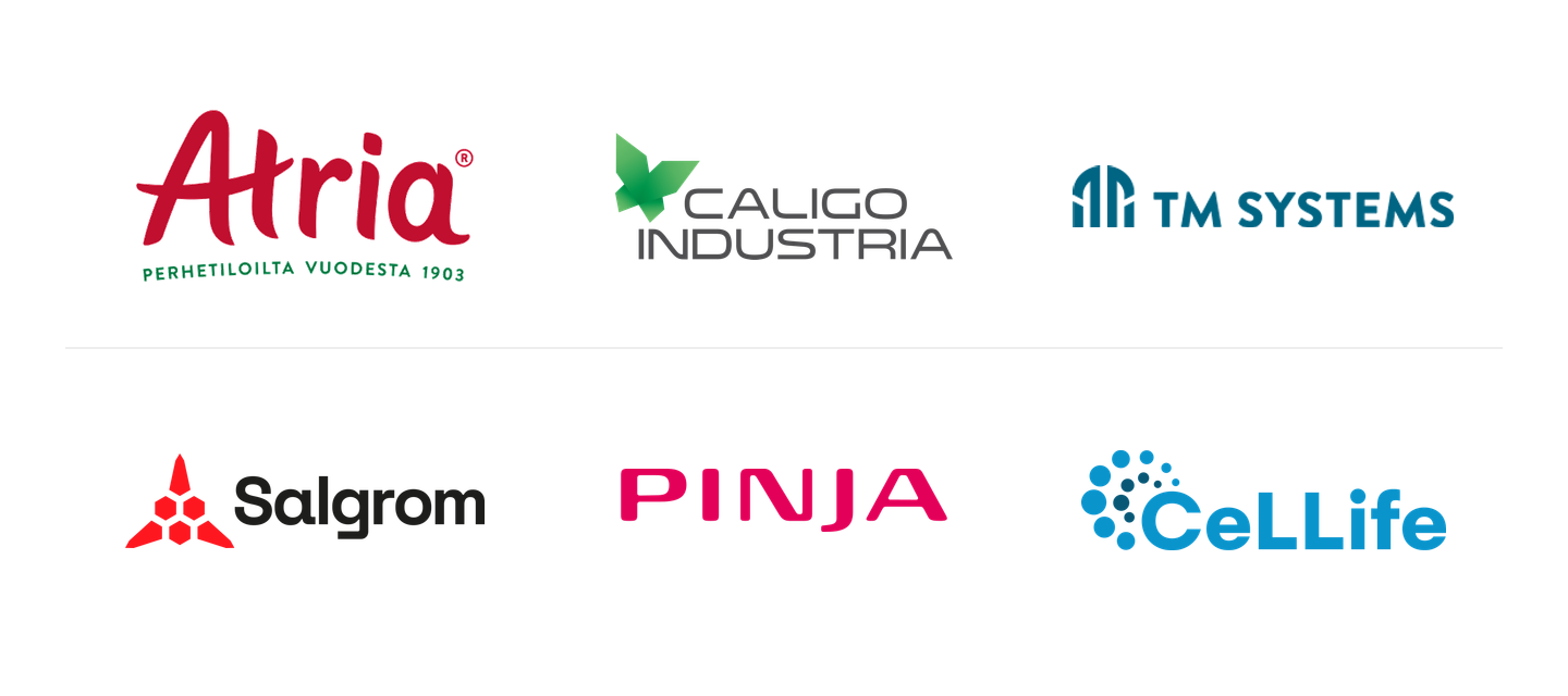 Logos of Atria, Caligo, TM Systems, Salgrom, Pinja and CeLLife